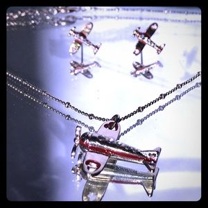 Betsey Gold & Red Airplane Necklace & Earrings Set